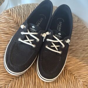 Sperry Black Canvas Boat Shoes with White Laces